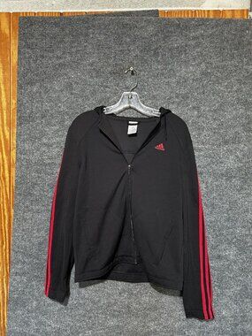 Adidas Jacket Womens Medium Black Hooded Full Zip 3 Stripe Track Athletic